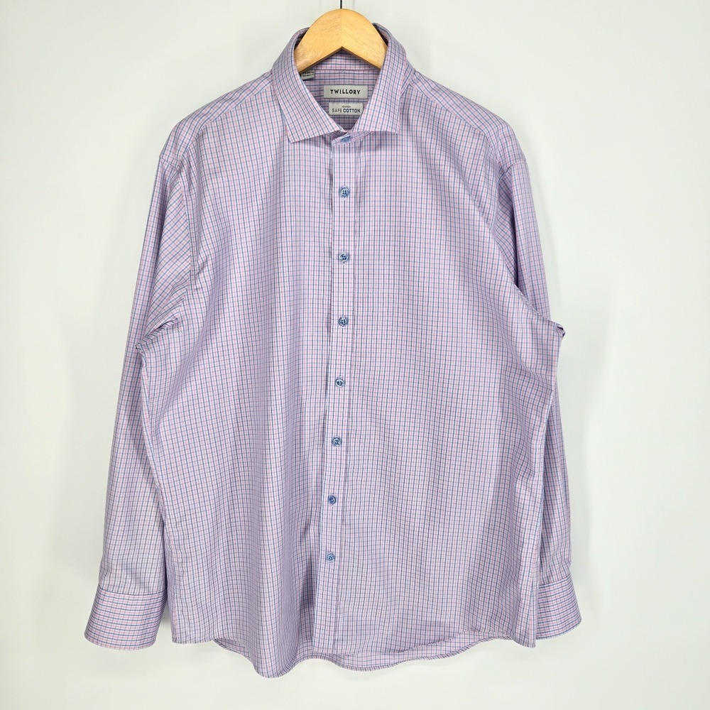 Twillory Shirt Mens 17.5 34/35 Tailored Fit Performance Button Down Check Plaid